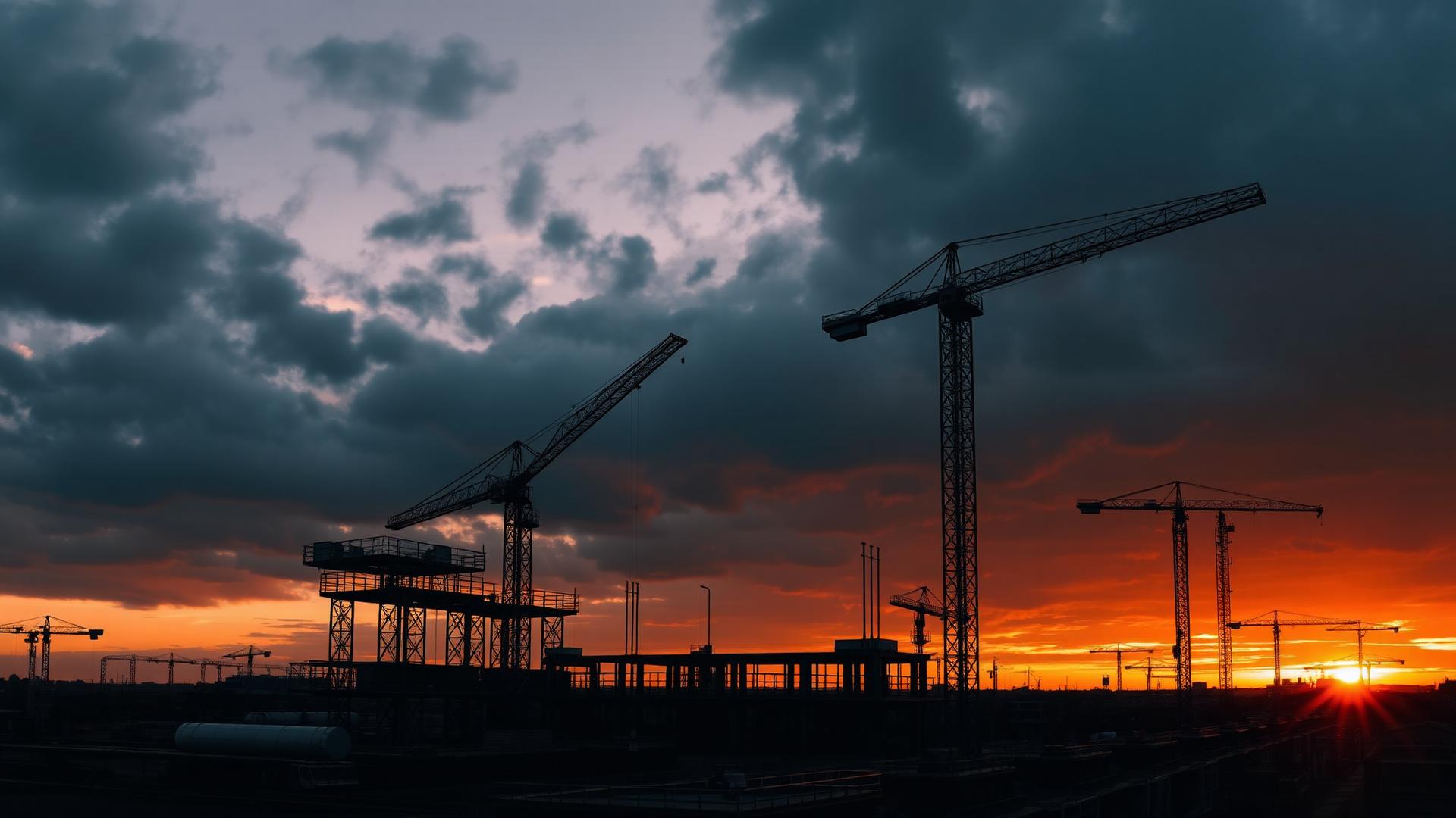 Canteiro de obras com guindastes ao pôr do sol